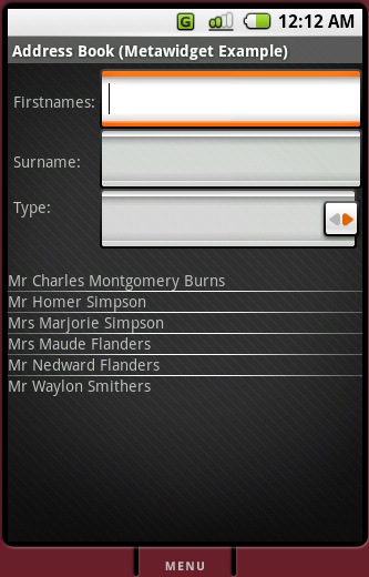 Mobile Address Book opening screen