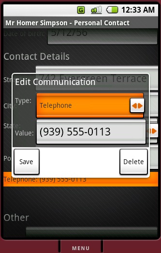 Mobile Address Book Communications Dialog