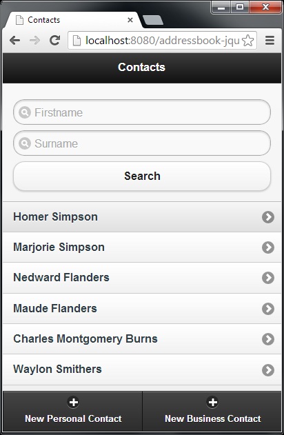 Web Address Book opening screen (JQuery Mobile version)